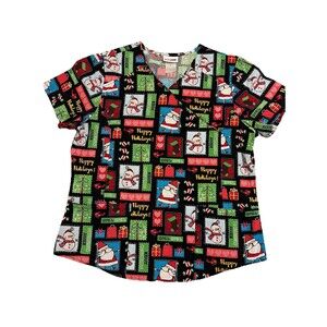 Scrubstar Scrub Top Happy Holidays Santa Snowman Merry Christmas Women Med